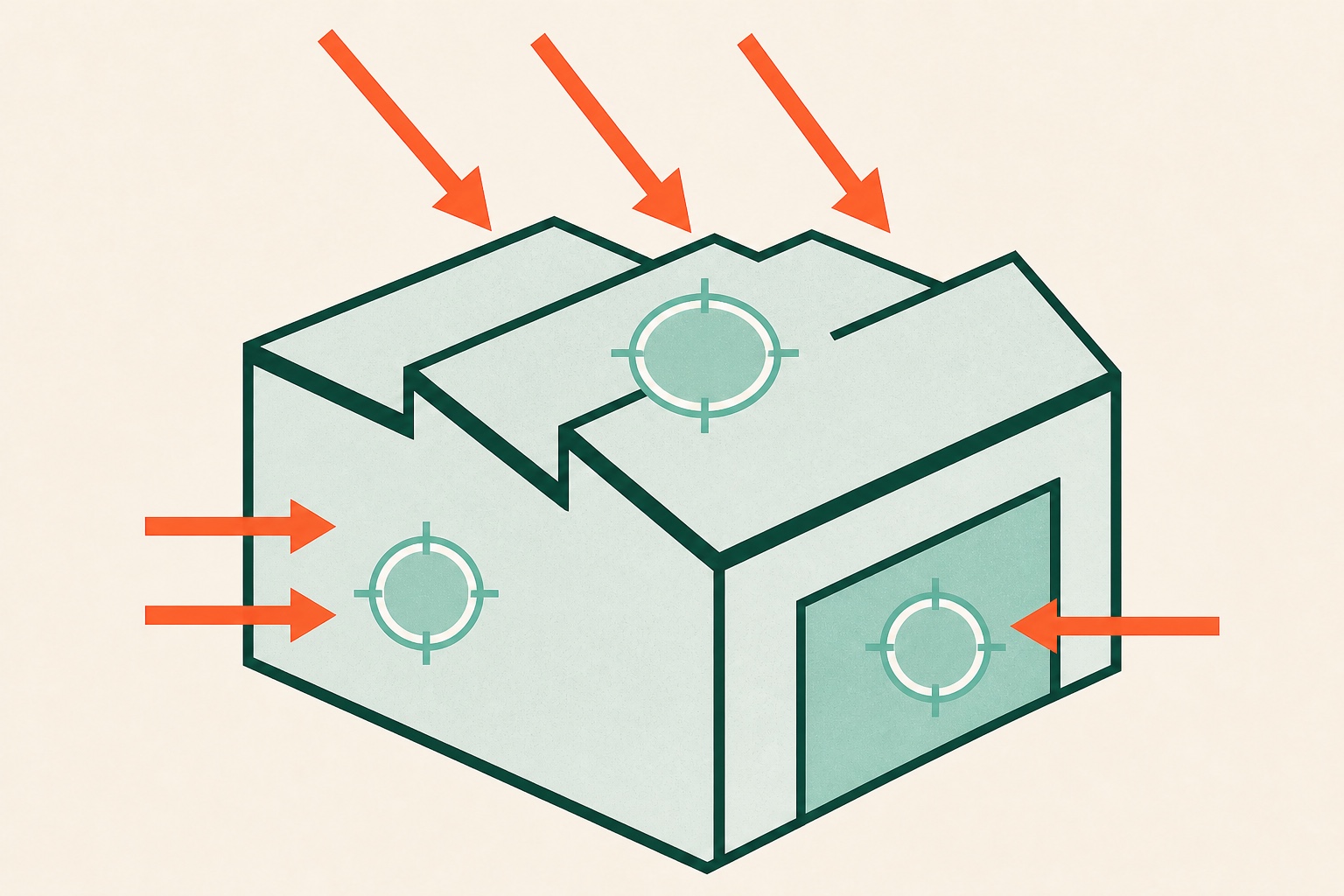 Diagram showing three factory heat-entry paths through the roof, wall and openings
